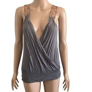 Geri C New York Tank Top Medium Womens Gray T Sequins Straps Stretch